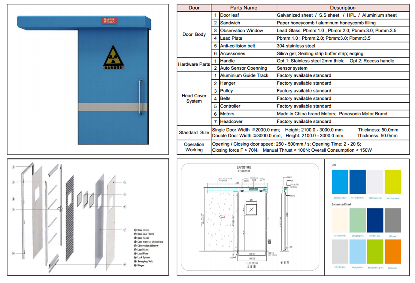 Lead line Sliding Door - Anti X-ray room Medical Door Technical Data